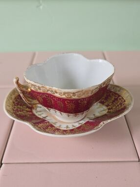 Elegant Red and Gold Decorative Teacup and Saucer Set - Brand Unknown #7